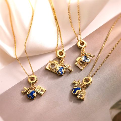 Ig Style Simple Style Earth Airplane Copper Gold Plated Zircon Pendant Necklace In Bulk
