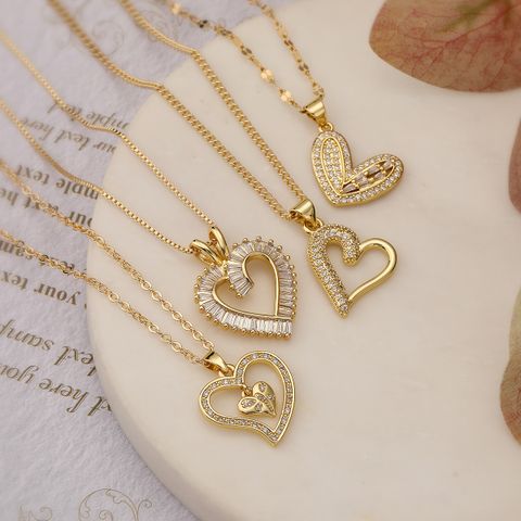 Wholesale Simple Style Commute Heart Shape Copper Plating Inlay 18K Gold Plated Zircon Pendant Necklace