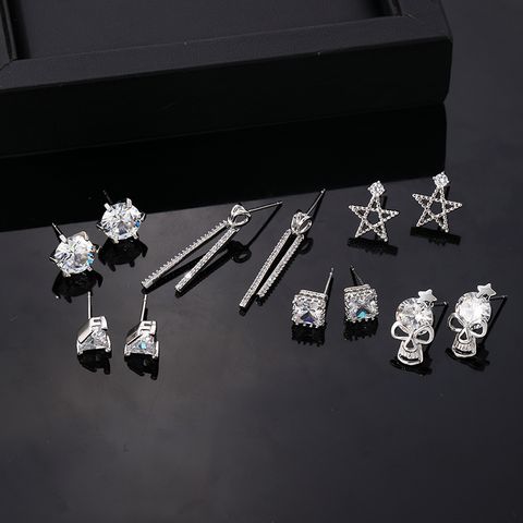 1 Pair Hip-hop Vintage Style Roman Style Pentagram Square Skull Plating Inlay Copper Zircon Silver Plated Ear Studs