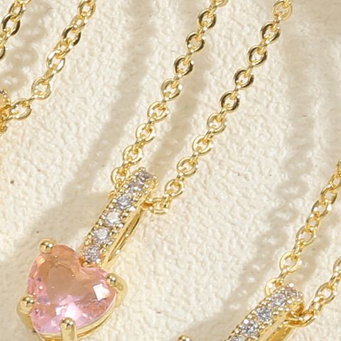 Vintage Style Commute Heart Shape Copper Plating Inlay Zircon 14k Gold Plated Pendant Necklace