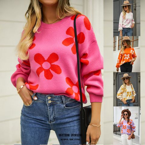 Women's Sweater Long Sleeve Sweaters & Cardigans Flowers Streetwear Color Block
