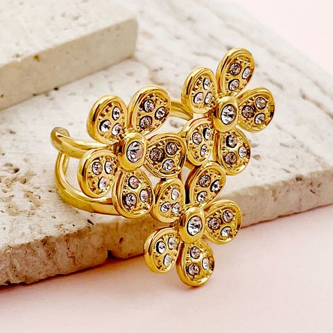 304 Stainless Steel Gold Plated Elegant Sweet Artistic Plating Inlay Flower Zircon Open Rings