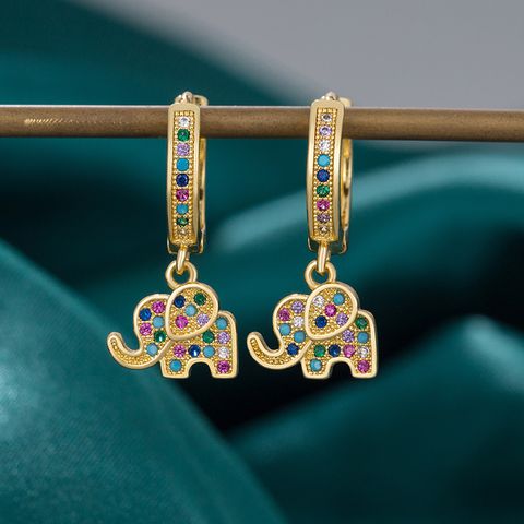 1 Pair Sweet Elephant Inlay Copper Zircon Gold Plated Drop Earrings