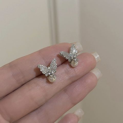 1 Pair Sweet Butterfly Plating Inlay Copper Freshwater Pearl Ear Studs