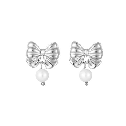 1 Pair Ig Style Sweet Bow Knot Plating Inlay Titanium Steel Pearl Earrings