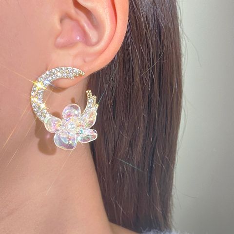 1 Pair Fairy Style Sweet Korean Style Moon Flower Inlay Alloy Zircon Ear Studs