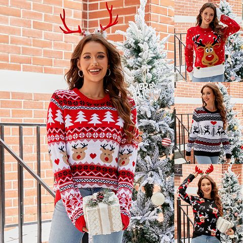 Women's Sweater Long Sleeve Sweaters & Cardigans Jacquard Casual Christmas Tree Elk