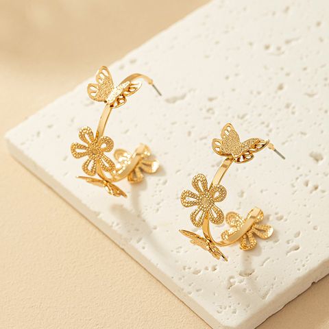 1 Pair Retro Flower Butterfly Plating Alloy Gold Plated Ear Studs