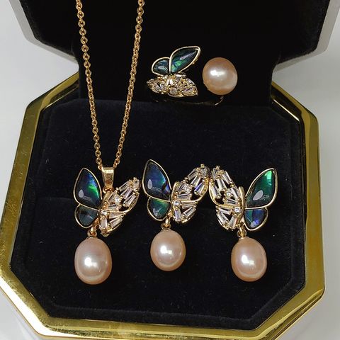 Simple Style Butterfly Copper Inlay Pearl Rings Earrings Necklace