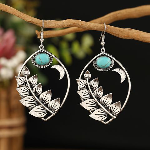 1 Pair Vintage Style Bohemian Leaf Plating Hollow Out Inlay Alloy Turquoise Silver Plated Ear Hook