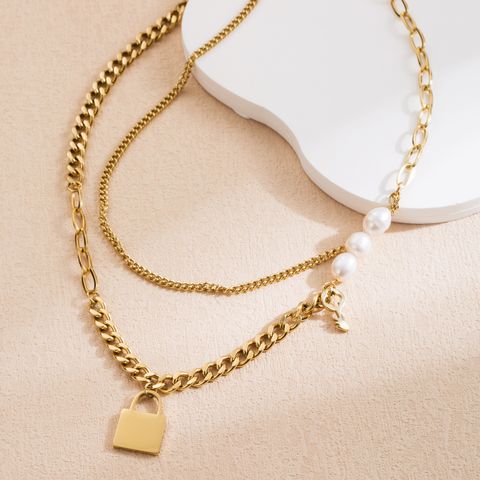 304 Stainless Steel 14K Gold Plated Retro Simple Style Polishing Plating Lock Double Layer Necklaces