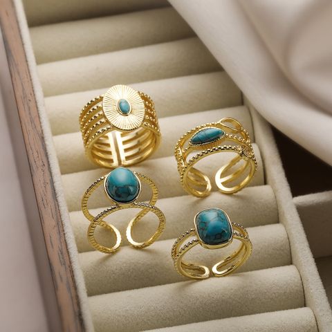 Vintage Style Simple Style Geometric Copper Plating Inlay Turquoise 18k Gold Plated Open Rings