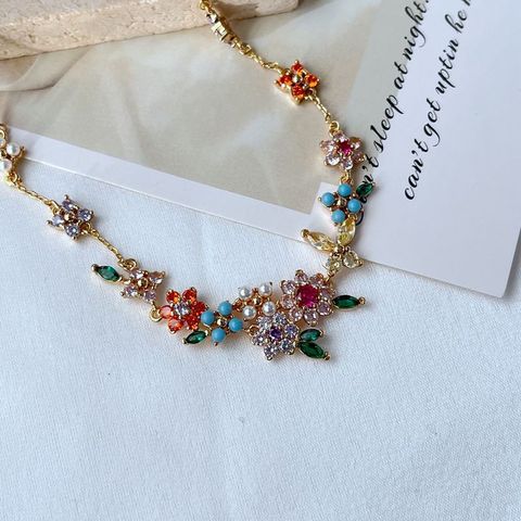 Glam Flower Metal Inlay Artificial Pearls Zircon Women's Earrings Necklace