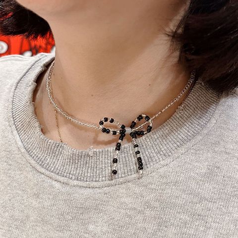 Ig Style Sweet Bow Knot Artificial Crystal Beaded Knitting Women's Necklace