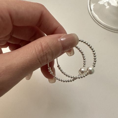 1 Pair Retro Round Beaded Polishing Pearl Sterling Silver Hoop Earrings