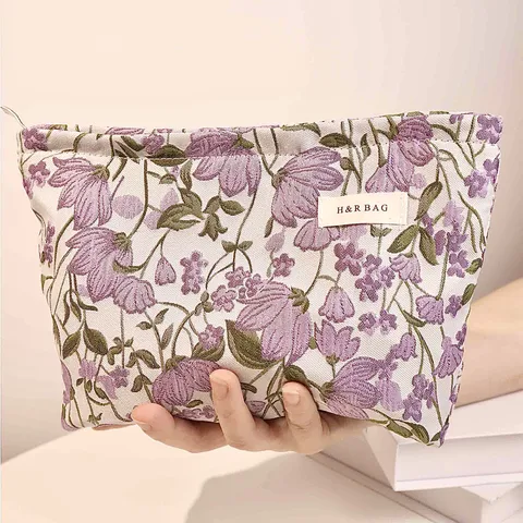 Elegant Ditsy Floral Canvas Square Makeup Bags