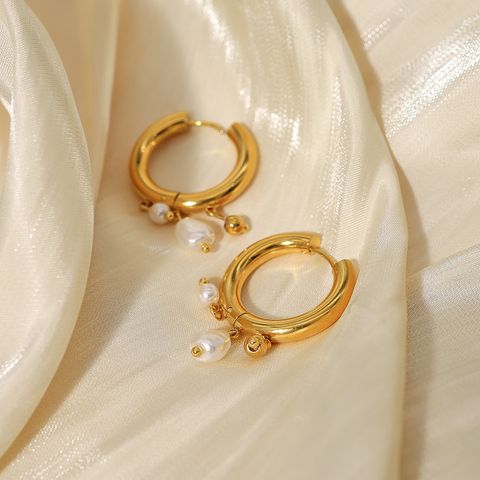 1 Pair Ig Style French Style Round Pearl Plating Stainless Steel Titanium Steel 18k Gold Plated Earrings