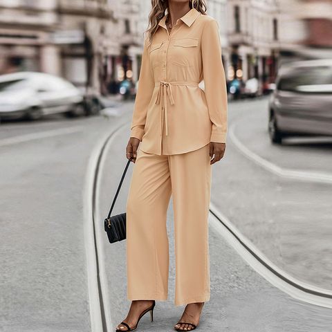 Ferien Täglich Straße Frau Einfacher Stil Einfarbig Polyester Elastische Taille Hosen-Sets Hosen-Sets