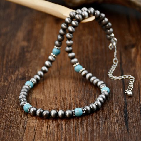 Stainless Steel Plastic Turquoise Silver Plated Vintage Style Handmade Beaded Handmade Color Block Necklace