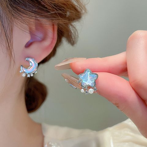 1 Pair Ig Style Sweet Star Moon Asymmetrical Plating Inlay Alloy Rhinestones Silver Plated Ear Studs