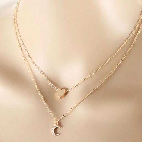 Simple Style Moon Heart Shape Rhinestones Alloy Wholesale Double Layer Necklaces