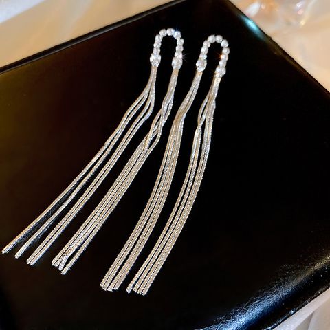 Wholesale Jewelry Simple Style Solid Color Alloy Rhinestones Tassel Inlay Drop Earrings