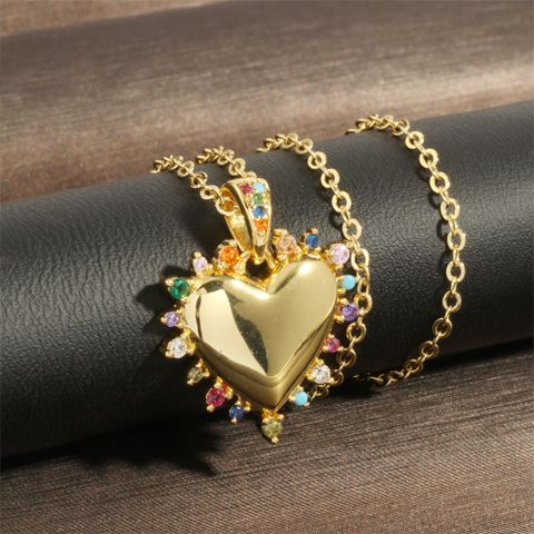Vintage Style Simple Style Heart Shape Copper 18k Gold Plated Zircon Pendant Necklace In Bulk