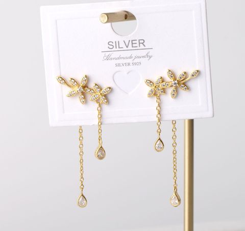 1 Pair Lady Flower Plating Inlay Sterling Silver Gem Drop Earrings