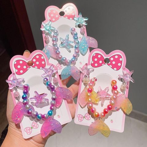 Children's Jewelry Fishtail Pendant Earrings Girls' Starfish Ear Clip Magic Color Mermaid Color Pearl Bracelet Set Bracelet