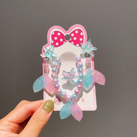 Children's Jewelry Fishtail Pendant Earrings Girls' Starfish Ear Clip Magic Color Mermaid Color Pearl Bracelet Set Bracelet