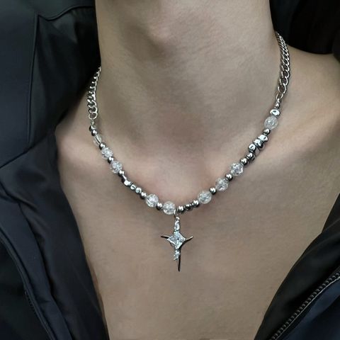 [wanhua Ice Mirror] Niche Irregular Cross Necklace Ice Crack Beads Titanium Steel Stitching Men And Women Trendy High-grade Fashion