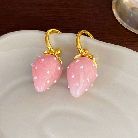 Wholesale Jewelry Sweet Strawberry Alloy Resin Pearl Plating Inlay Drop Earrings