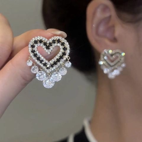 Wholesale Jewelry Shiny Tassel Heart Shape Metal Zircon Plating Inlay Drop Earrings