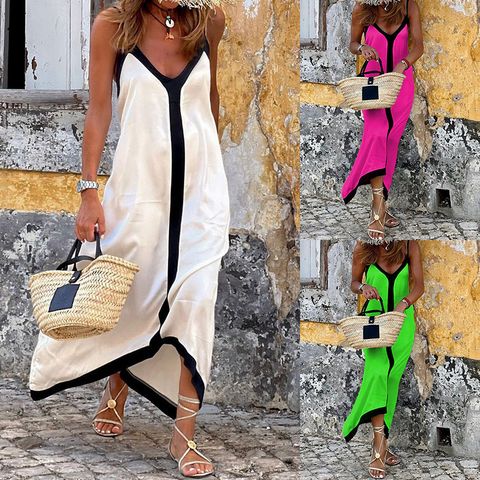 Women's Strap Dress Casual V Neck Sleeveless Color Block Maxi Long Dress Daily