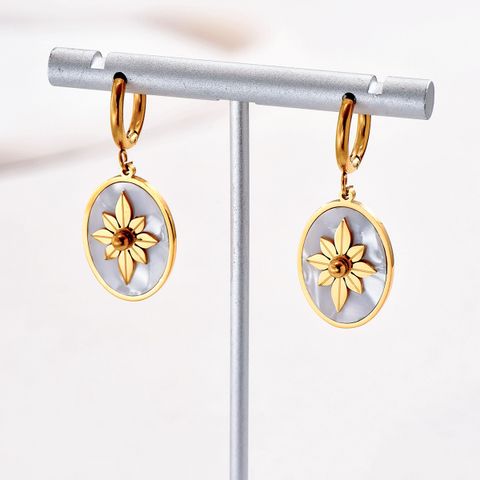1 Pair Retro French Style Flower Plating Inlay 201 Stainless Steel Shell 18K Gold Plated Drop Earrings