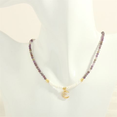 European And American Fashion Short Amethyst Beaded Necklace Women's Creative Inlaid Micro Zircon Moon Clavicle Chain Necklace
