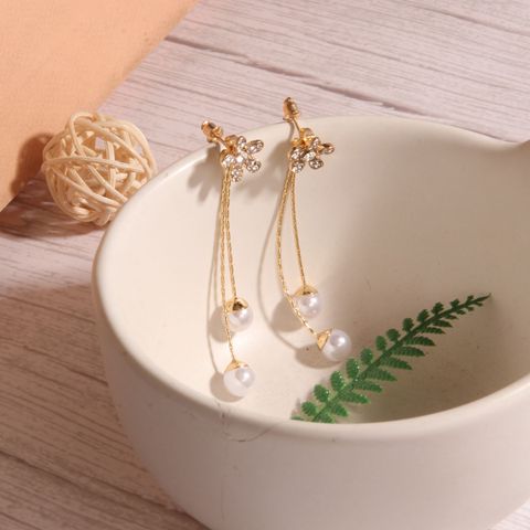 1 Pair Elegant Glam Luxurious Tassel Flower Inlay Alloy Rhinestones Pearl Drop Earrings