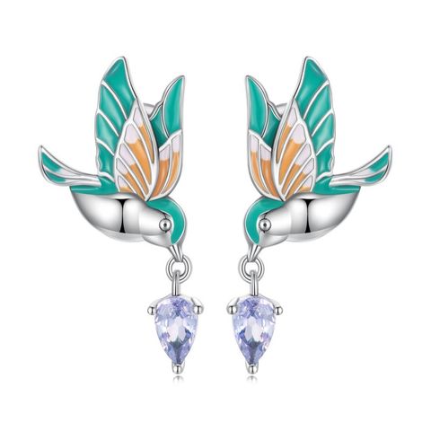 1 Pair Cartoon Style Cute Bird Inlay Sterling Silver Zircon Drop Earrings