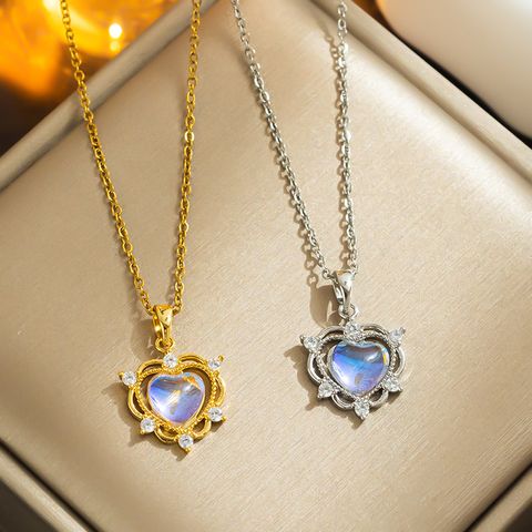 Elegant Simple Style Heart Shape 304 Stainless Steel Copper Moonstone Zircon Pendant Necklace 1 Piece