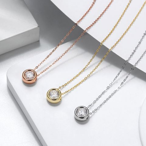 Modern Style Simple Style Classic Style Round Sterling Silver 14k Gold Plated Rose Gold Plated White Gold Plated Zircon Pendant Necklace In Bulk