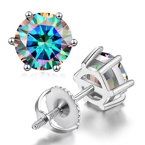 Shiny Round Sterling Silver Gra Inlay Moissanite Ear Studs