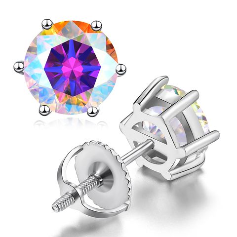 Shiny Round Sterling Silver Gra Inlay Moissanite Ear Studs
