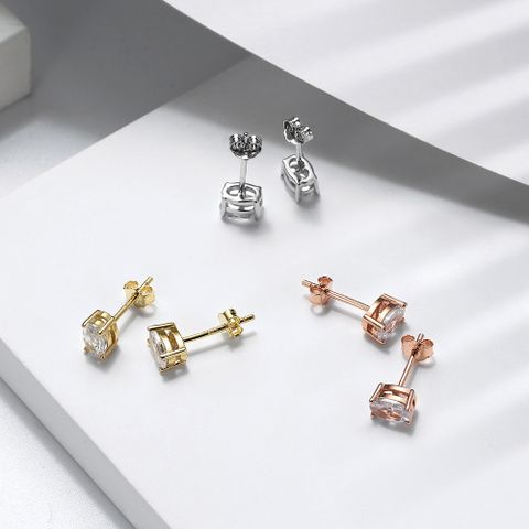 1 Pair Simple Style Shiny Oval Polishing Plating Inlay Sterling Silver Zircon 14k Gold Plated Rose Gold Plated Silver Plated Ear Studs