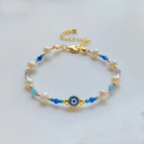 Style Ig L'oeil Du Diable Turquoise Perle D'eau Douce Perle De Rocaille Perlé Tricot Placage Plaqué Or 18k Femmes Bracelets