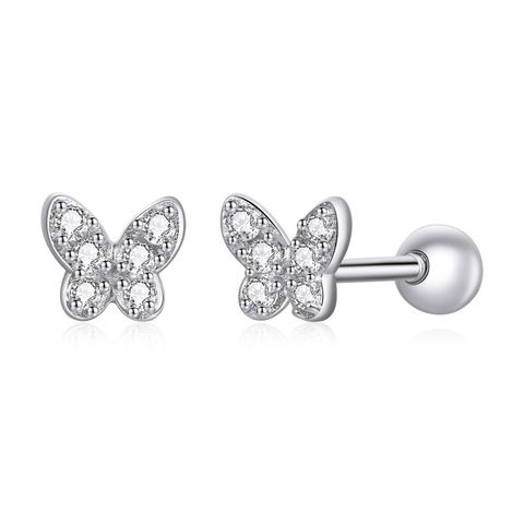 1 Pair Elegant Butterfly Inlay Sterling Silver Zircon Ear Studs