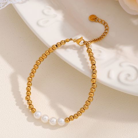 Elegant Luxurious Shiny Color Block Stainless Steel Imitation Pearl Bracelets In Bulk