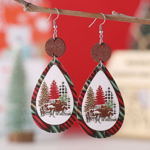 Wholesale Jewelry Casual Christmas Tree Letter Pu Leather Printing Drop Earrings