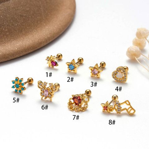 1 Piece Sweet Simple Style Flower Spider Butterfly Plating Inlay Copper Zircon Cartilage Earrings