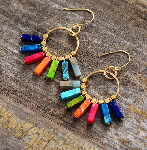 Cross-border Hot Selling Natural Stone Earrings Stylish Good Texture Colorful Emperor Stone Cuboid Colorful Pendant Earrings