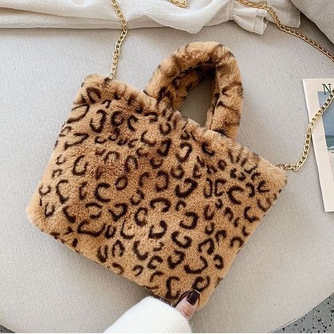 Women's Autumn&winter Plush Stripe Leopard Streetwear Square Zipper Shoulder Bag Handbag Chain Bag